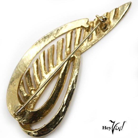 Vintage Curved Gold Leaf Shaped Pin - 3" Long w Cutout Design - Hey Viv - Picture 2 of 5